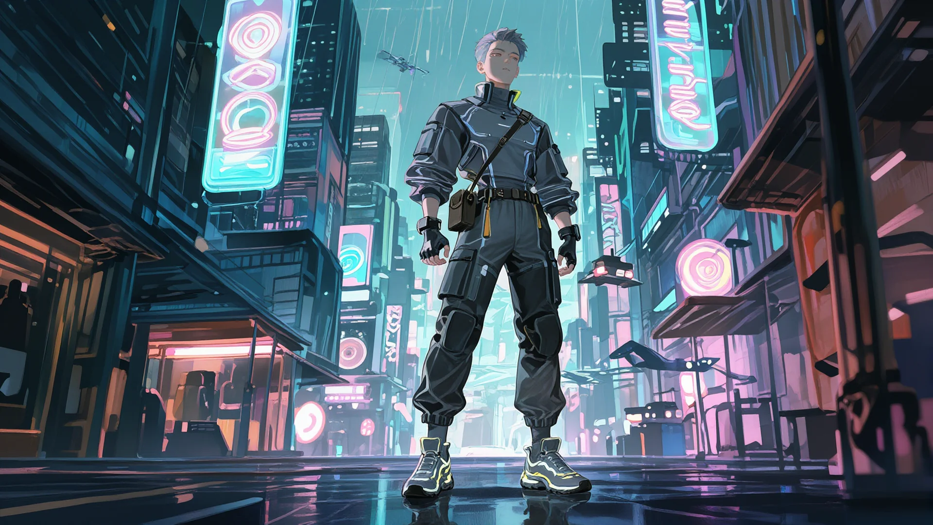 Cyberpunk-style character animation of a man standing in a rain-soaked neon city street