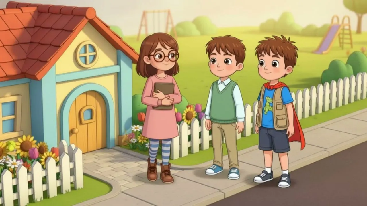 Educational animation of three children characters chatting in front of a house