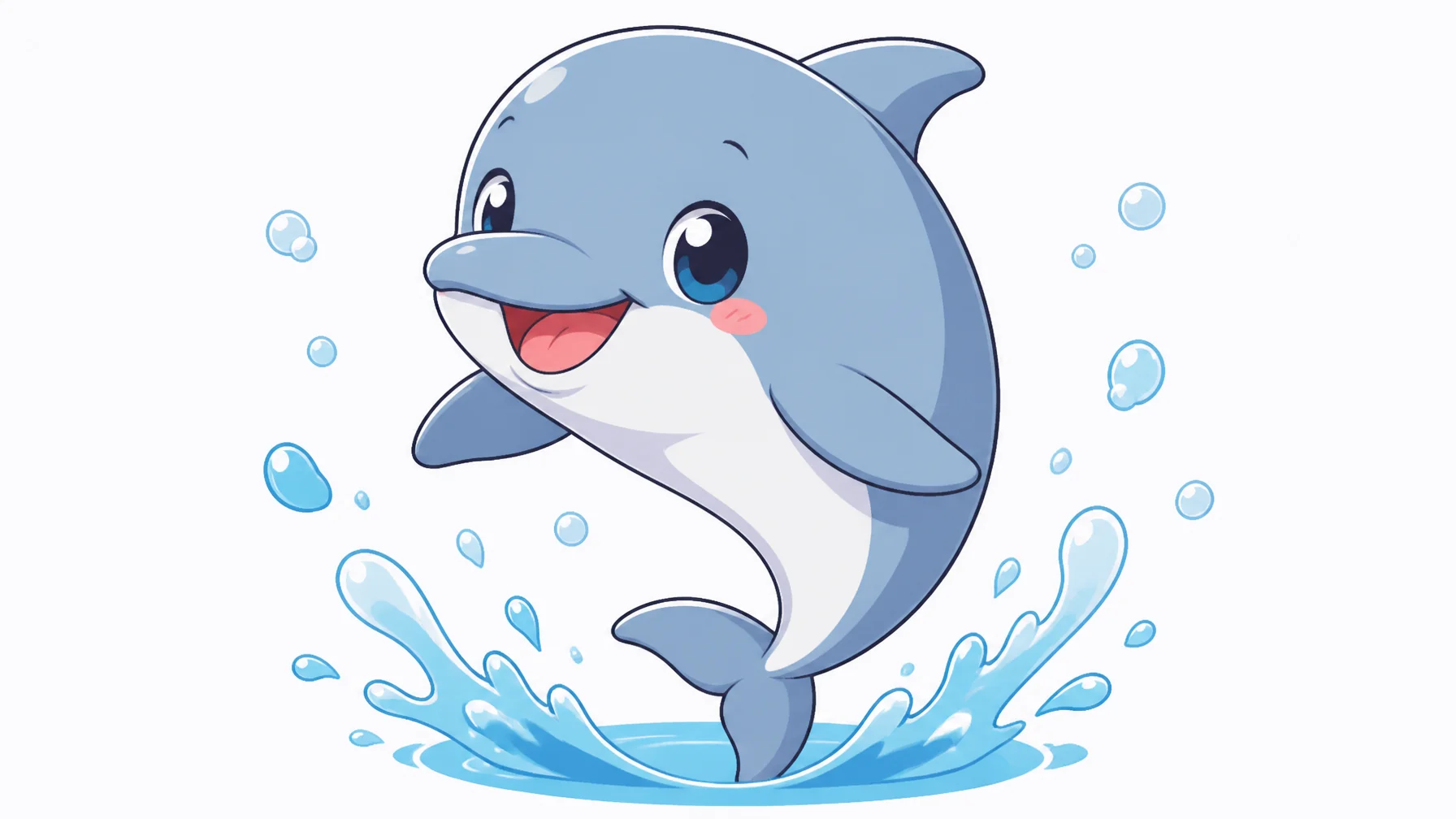 Cute cartoon dolphin mascot character jumping out of splashing water