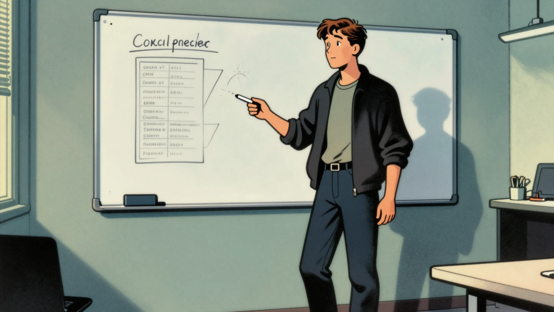 Cartoon-style young man presenting and pointing at a whiteboard with a chart in a classroom