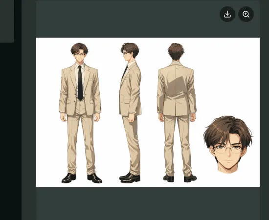 AI-generated character turnaround sheet with front, side, and back views