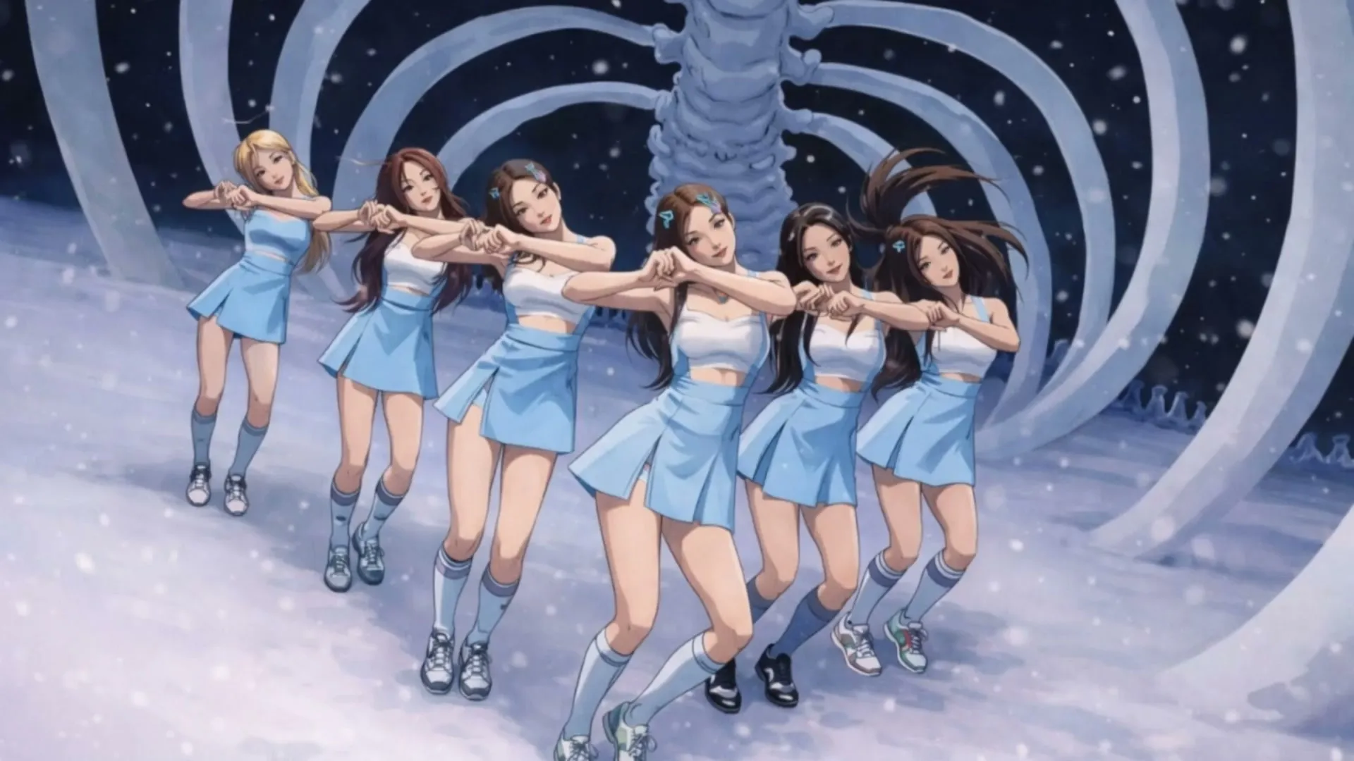 Girls dancing in snow with dynamic anime music video aesthetic, created with Toonkit