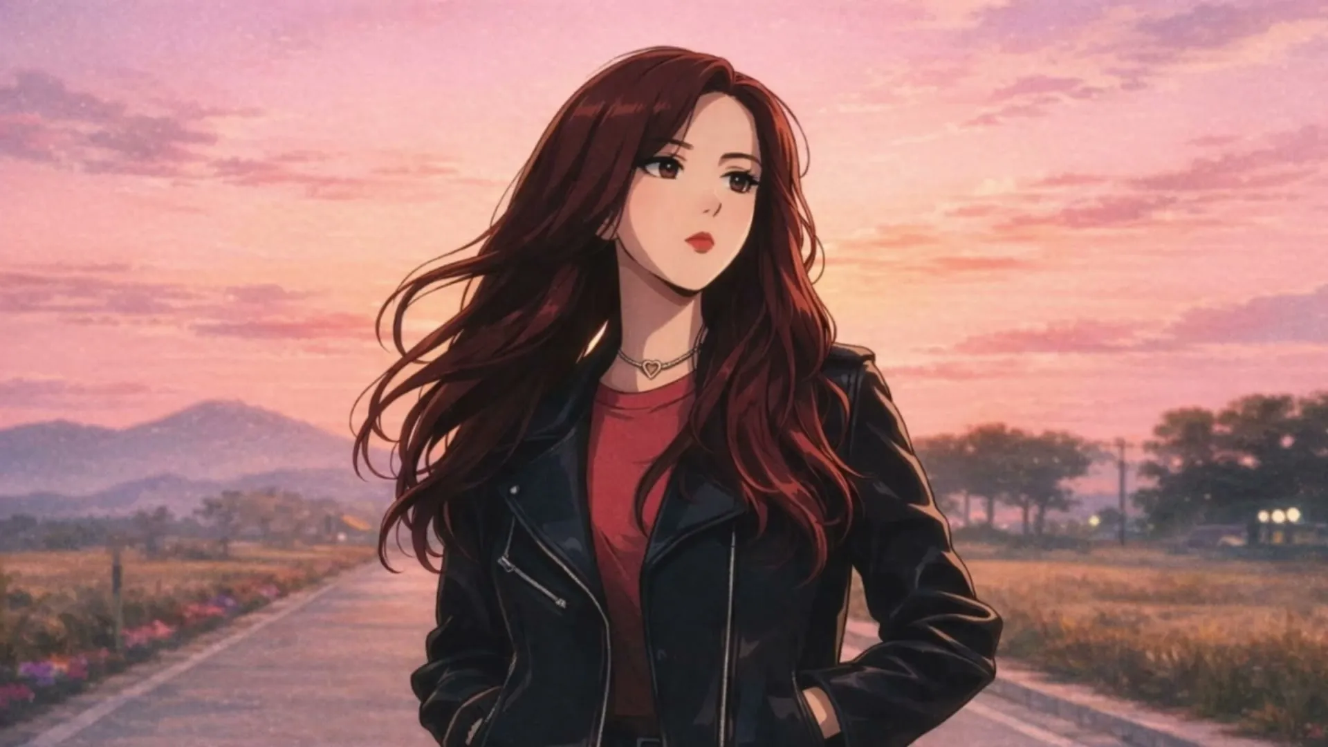 Red-haired girl on a road in a cinematic narrative scene, created with Toonkit AI anime generator