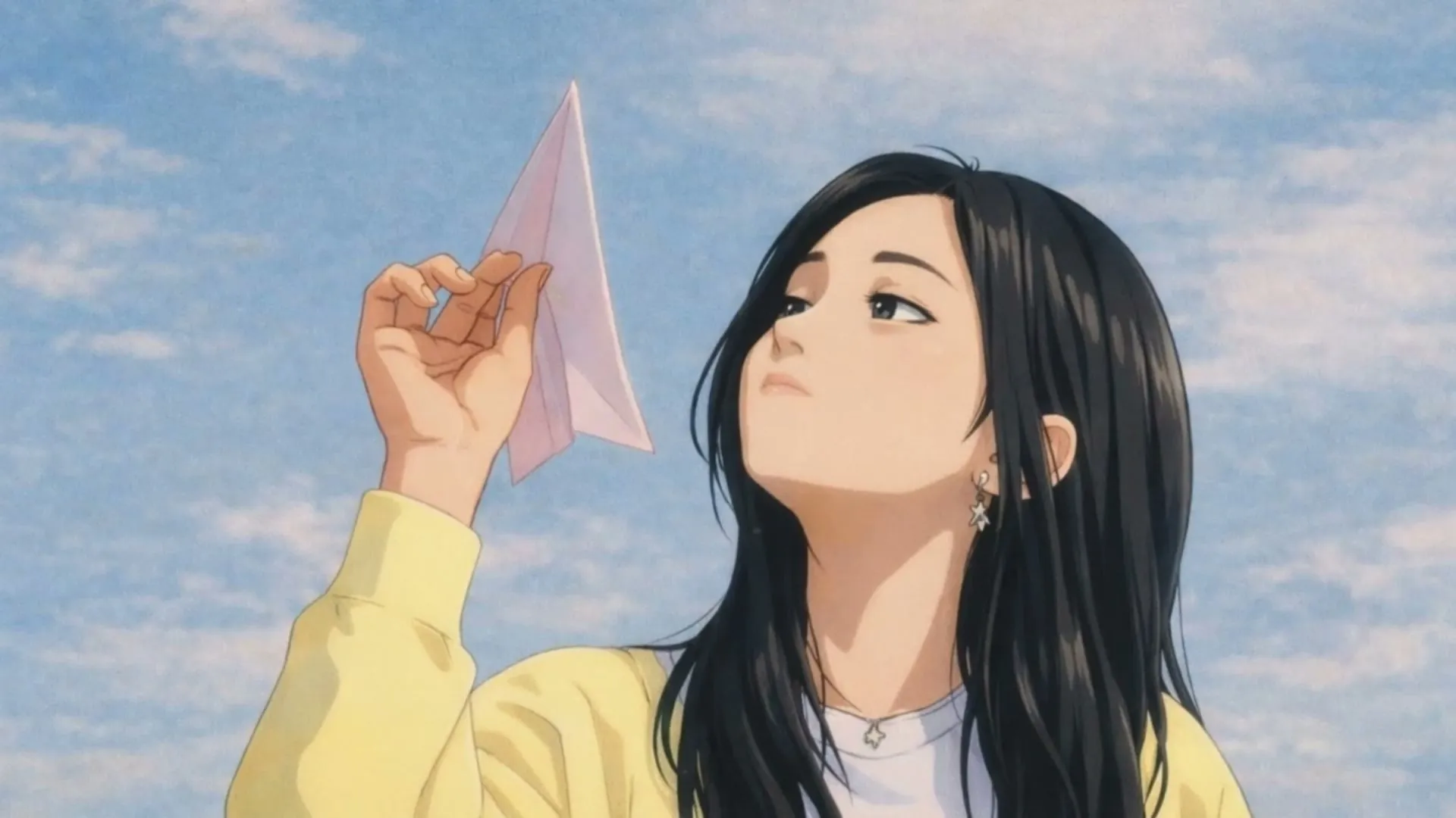 Dramatic cinematic anime scene showing still art transformed into animation