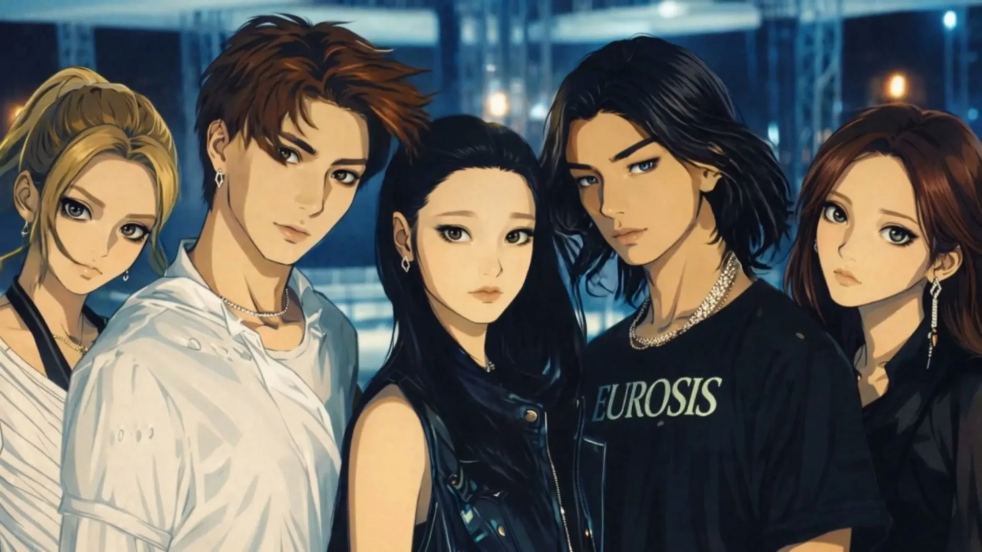 K-pop style group portrait with diverse character designs, created with AI character creator
