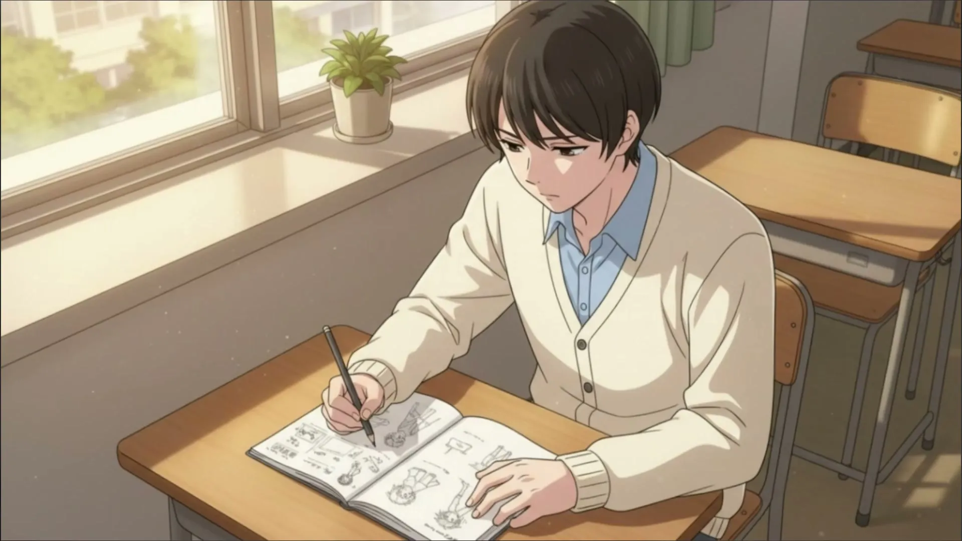 Boy drawing in classroom representing photo storytelling brought to life as video