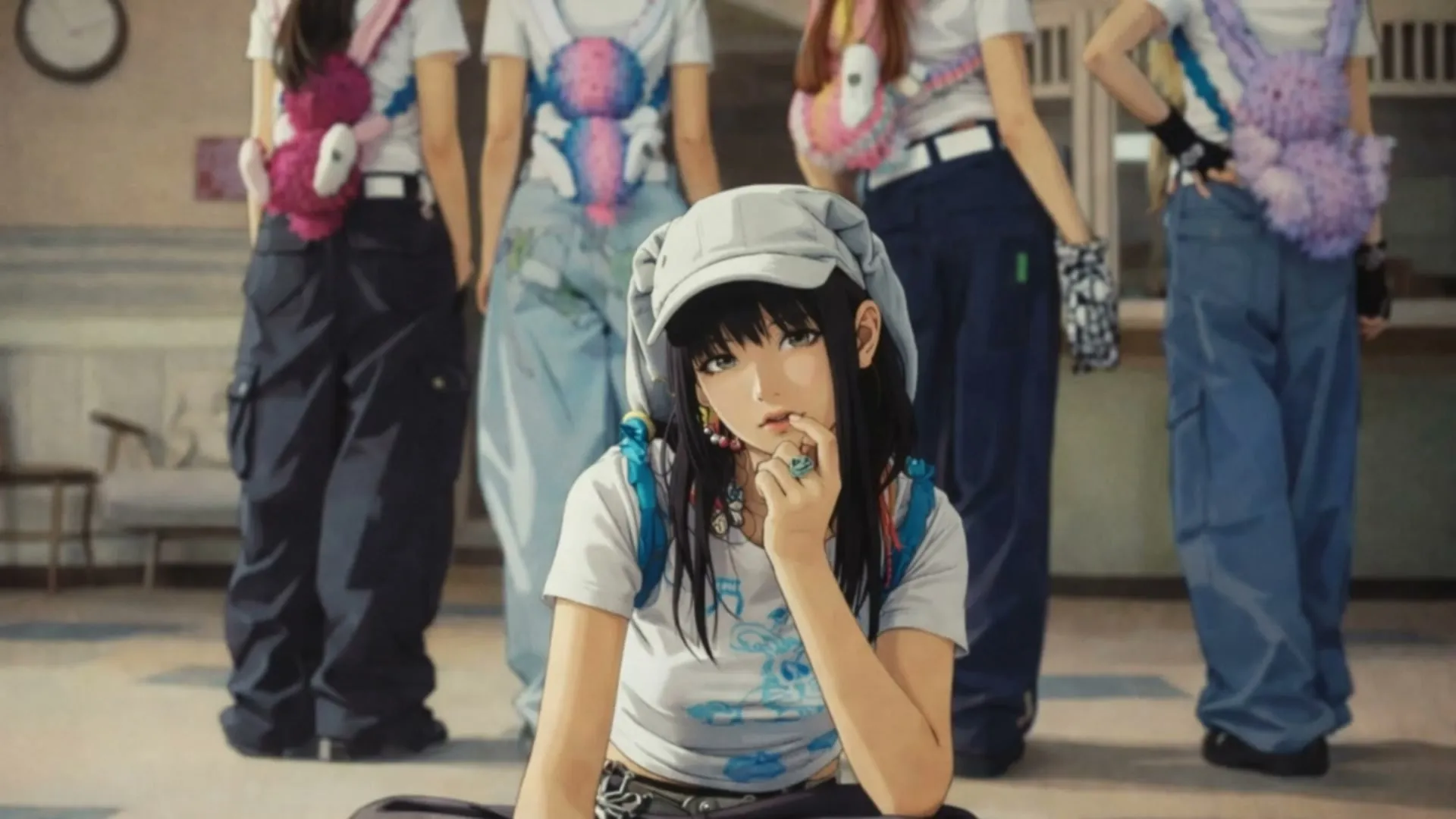 K-pop style girl with group in a dynamic social media animation scene