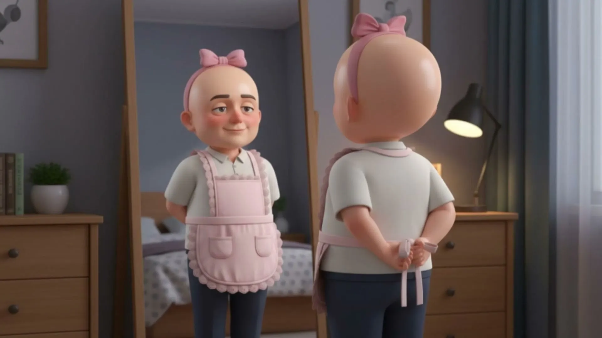 3D character looking in a mirror, showcasing mascot and character design capabilities