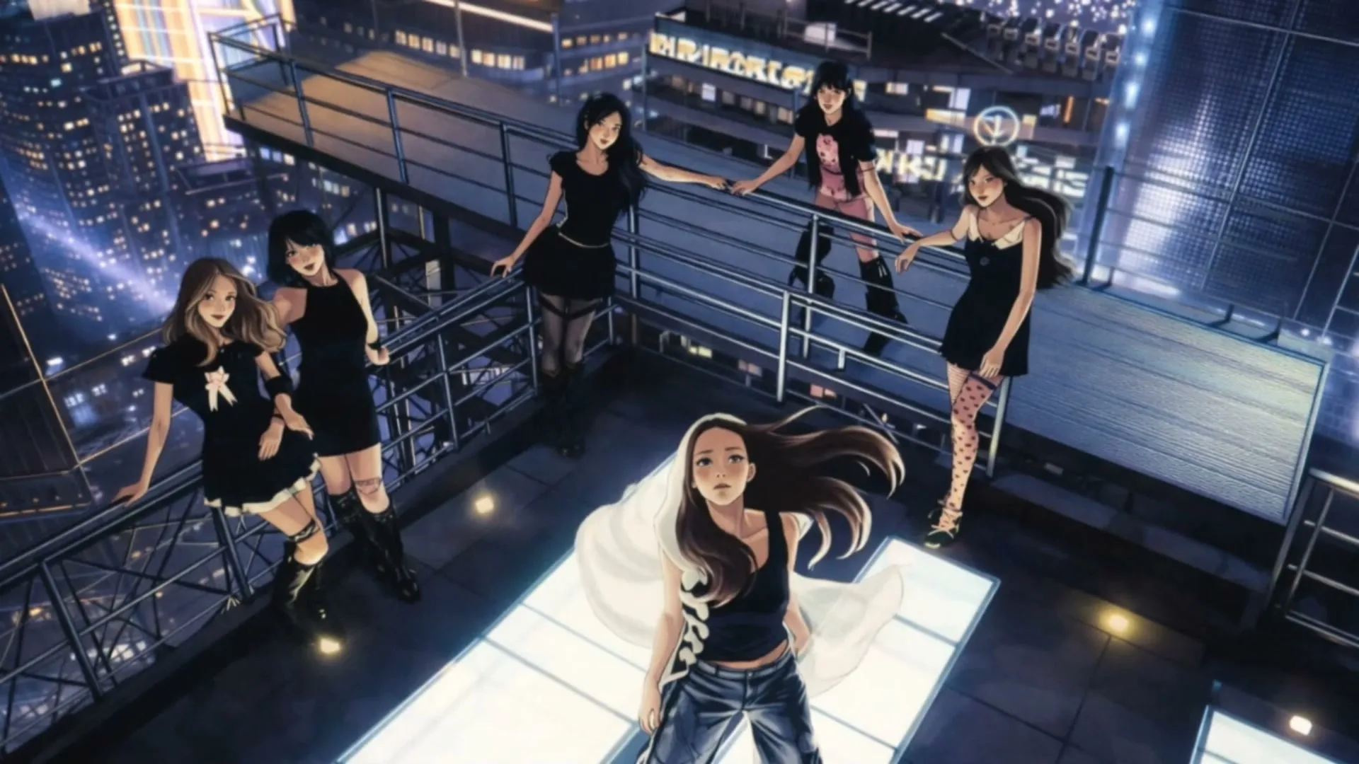 Girl group on rooftop scene representing AI-generated marketing and brand video content