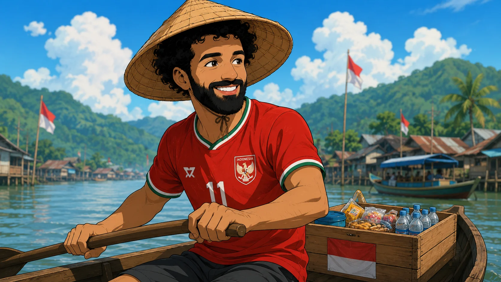 인도네시아 축구 유니폼을 입고 전통 모자를 쓴 채 배를 젓는 캐릭터 애니메이션