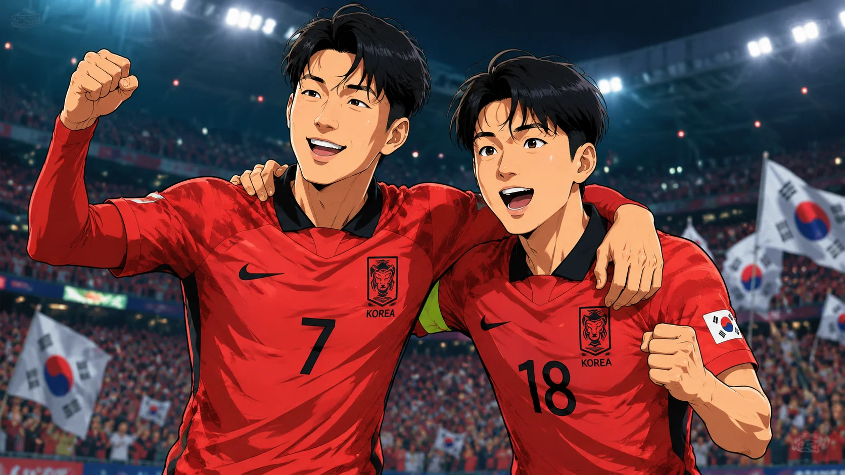 Anime-style animation of two Korea national soccer team players celebrating in a stadium