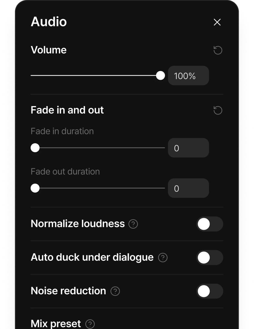 Audio panel with volume, fade in/out, and audio enhancement settings