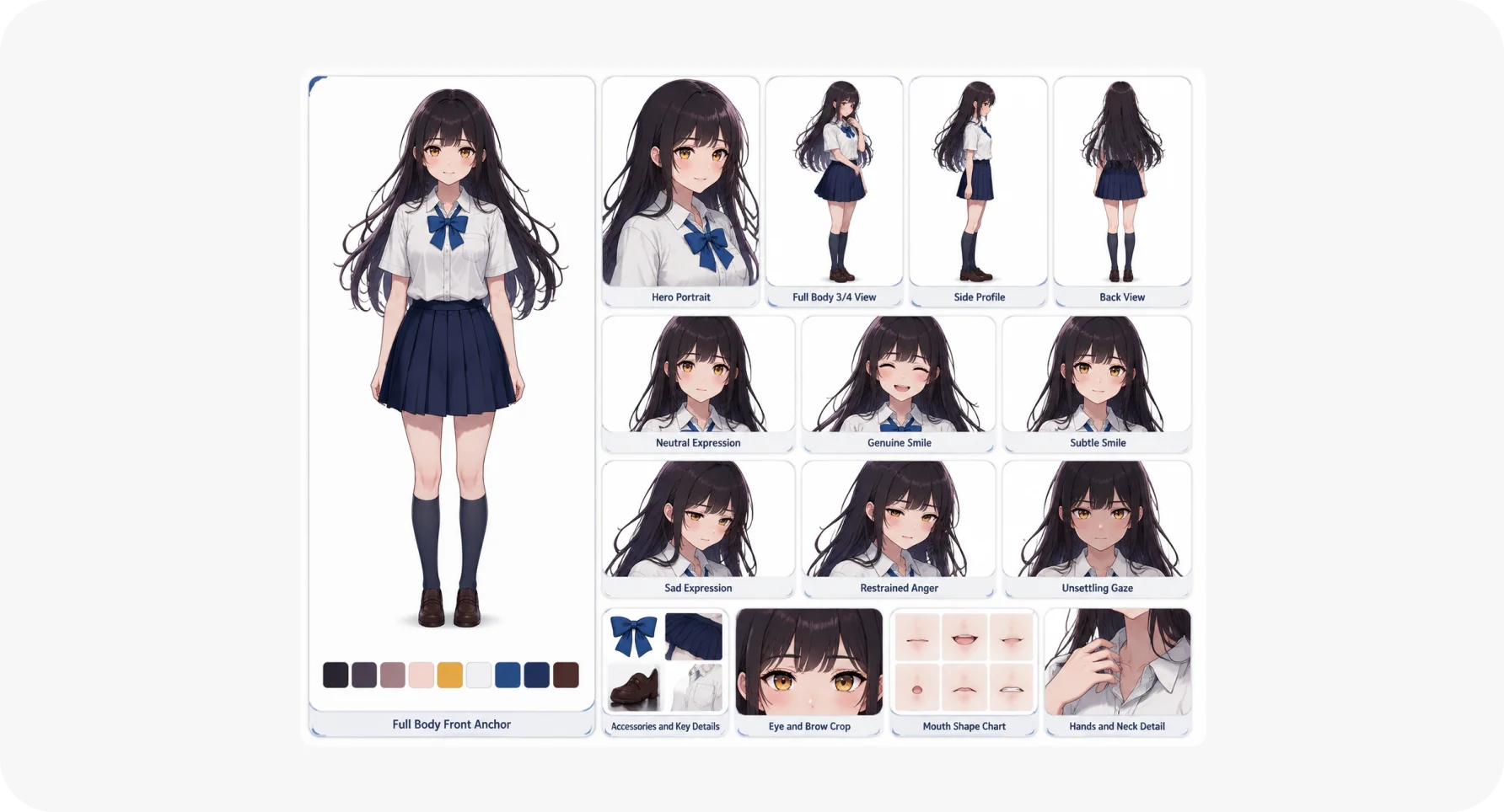 Character sheet with front, side, back and facial views